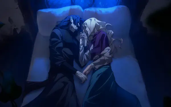 Anime Castlevania couple lying entwined on a dim blue bed, hands clasped, intimate 4K Ultra HD PC desktop wallpaper background.