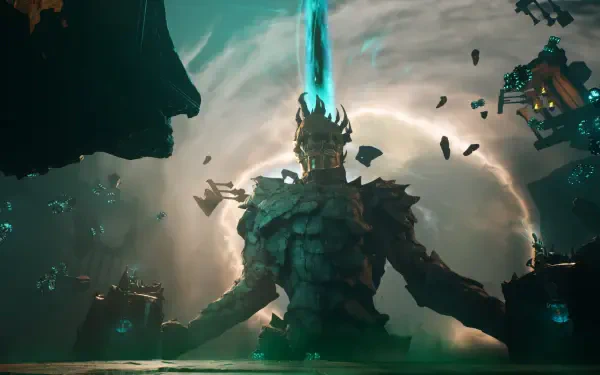 Painkiller video game HD PC desktop wallpaper: towering godlike armored figure with a glowing blue crown rising from shattered ruins beneath a portal-lit sky.