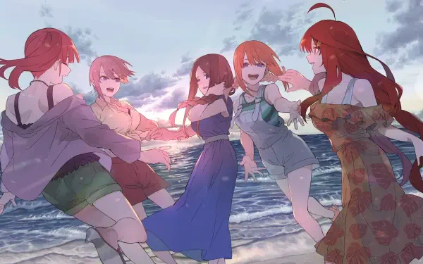 HD PC desktop wallpaper/background of The Quintessential Quintuplets: the five Nakano sisters laughing and holding hands on a sunlit beach at sunset.