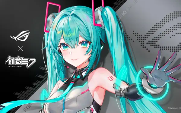 4K Ultra HD PC desktop wallpaper: Hatsune Miku with teal twin-tails reaching out against an ASUS ROG (Republic of Gamers) branded gaming background, energetic video-game style for gamers.