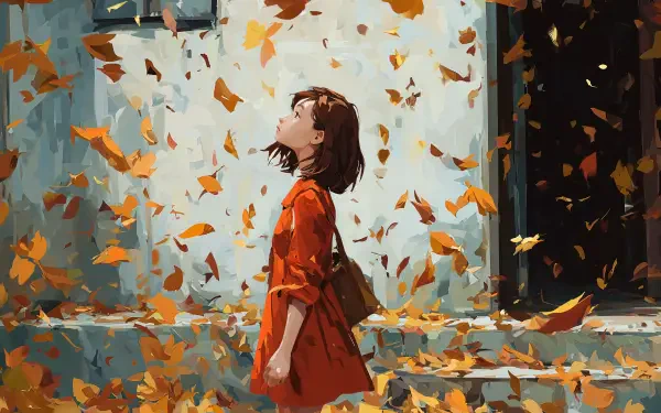 4K Ultra HD PC desktop wallpaper: woman in a red coat amid swirling fall leaves, gazing upward as orange leaves drift past a building facade.