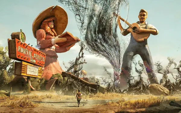 Epic 2K Quad HD PC desktop wallpaper for the video game South of Midnight: lone traveler faces towering musicians and a swirling black vortex across a desolate plain.