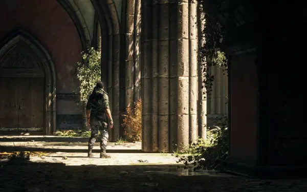 2K Quad HD PC desktop background for the video game Dying Light: The Beast — lone survivor walks through sunlit, overgrown cathedral ruins, dramatic light and shadows.