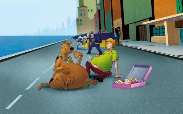 Scooby-Doo and Shaggy collapse on a city street while Batman and Robin approach, cartoon art from Scooby-Doo & Batman: The Brave and the Bold — 2K Quad HD PC wallpaper