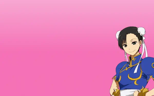 HD PC desktop wallpaper showing Street Fighter's Chun-Li in her blue qipao with white hair buns at right against a soft pink gradient background.