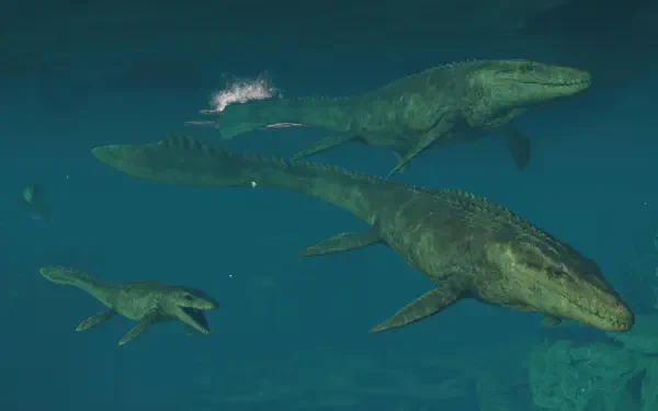 4K Ultra HD PC desktop wallpaper from the video game Jurassic World Evolution 3 showing a pod of Mosasaurus swimming in deep blue water.