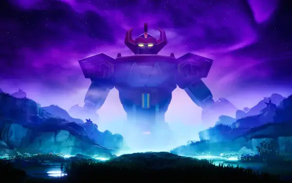 Video game Fortnite–inspired Power Rangers Megazord towers over a purple-lit valley, glowing eyes and misty foreground in an HD PC desktop wallpaper background.