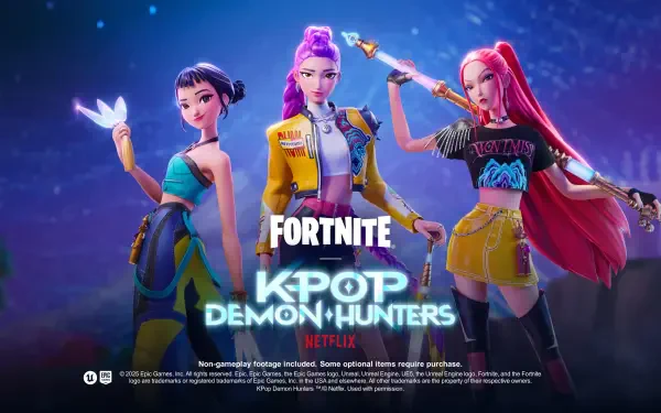 4K Ultra HD Fortnite KPop Demon Hunters wallpaper showing Rumi, Mira, and Zoey in vibrant KPop outfits, posing with weapons against a neon stage backdrop.