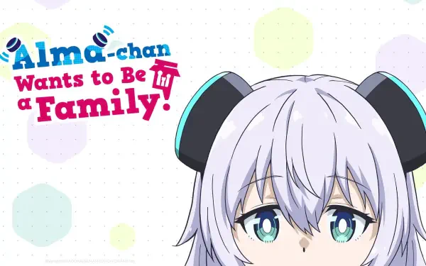 Anime HD PC wallpaper of Alma from Alma-chan Wants to Be a Family! Alma's face with lilac hair, teal eyes and the series logo on a pastel polka-dot background.