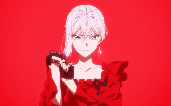 HD anime desktop wallpaper of Scarlett El Vandimion from May I Ask for One Final Thing?; she stands in a red dress against a red background, holding a black glove with a resolute expression.