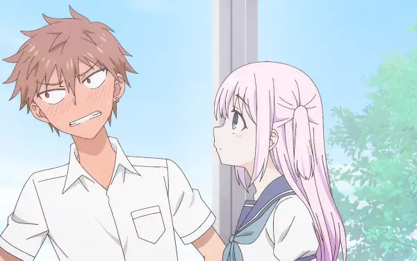 Anime HD desktop wallpaper of Kashiwada and Oota (Inexpressive Kashiwada and Expressive Oota): two school students by a sunlit window, one flustered and the other calm.