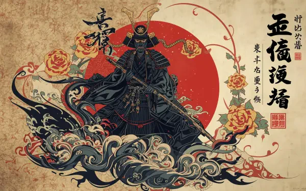 2K Quad HD PC desktop wallpaper and background: ornate samurai in dark armor before a crimson sun, surrounded by stylized waves, roses and Japanese calligraphy on a textured parchment backdrop.