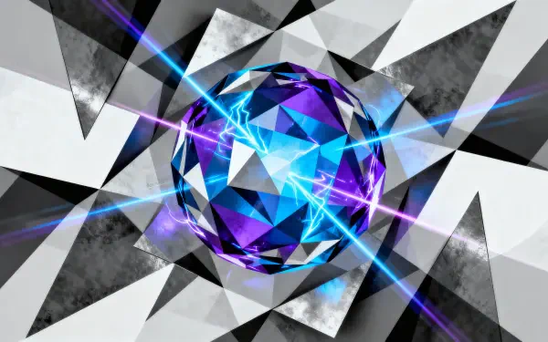 Faceted blue-purple energy orb emitting lightning beams over black-and-white geometric shards — 4K Ultra HD PC desktop wallpaper/background.