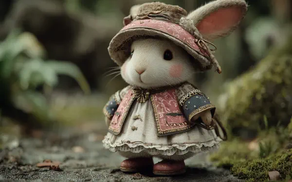 Cute AI art toy bunny in a vintage dress and hat standing on a mossy forest floor — a charming toy animals scene rendered as a 2K Quad HD PC desktop wallpaper/background.