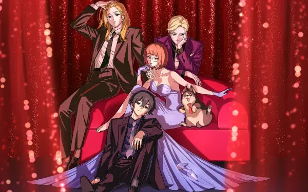 Anime Let's Play cast lounging on a red-curtained stage: three stylish adults and one in a gown on a sofa with a small dog, HD PC desktop wallpaper/background.
