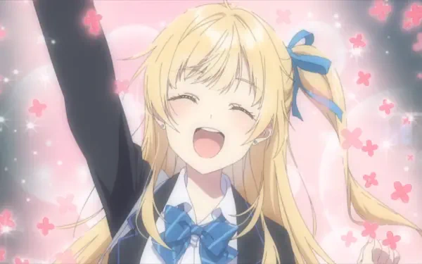 HD PC wallpaper of Yuuko Hiiragi (Chitose Is in the Ramune Bottle): cheerful blonde schoolgirl with blue ribbon, arm raised and smiling amid floating pink petals.