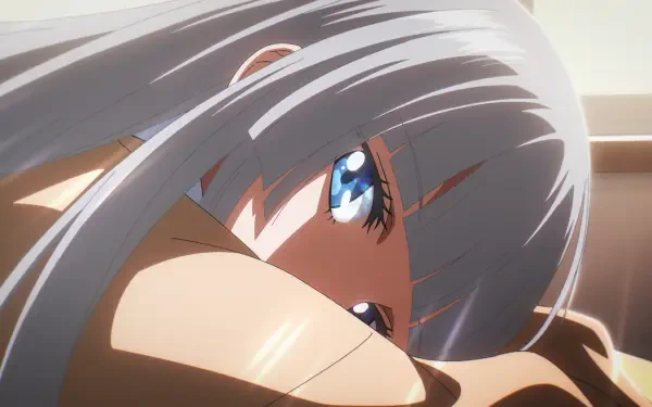 HD PC desktop wallpaper — Anime Wandance character Hikari Wanda close-up: silver hair and a bright blue eye peeking over her arm, warm sunlight casting soft shadows across her face.