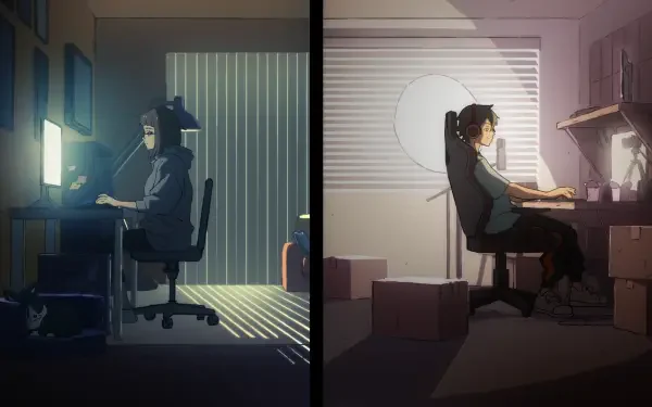 Split-screen anime HD PC desktop wallpaper showing Let's Play duo: Sam Young at a dim, bluish desk on the left and Charles Jones in warm light on the right, both focused at their monitors.