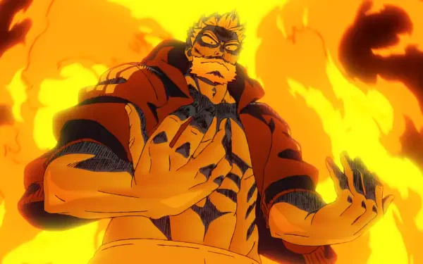Anime HD PC desktop wallpaper of Sanda Kazushige amid roaring flames, hands raised, muscular chest glowing with intense fiery energy.