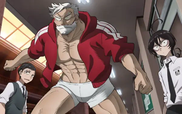 HD PC wallpaper: anime scene of muscular Sanda Kazushige in a red jacket and white briefs striding through a school hallway as shocked Shiori Fuyumura and Hitoshi Amaya look on.