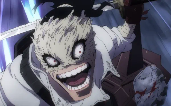 HD PC desktop wallpaper of Stain from My Hero Academia — close-up anime portrait: crazed grin, wide eyes, bloodied mask and sword against a dramatic dark background.