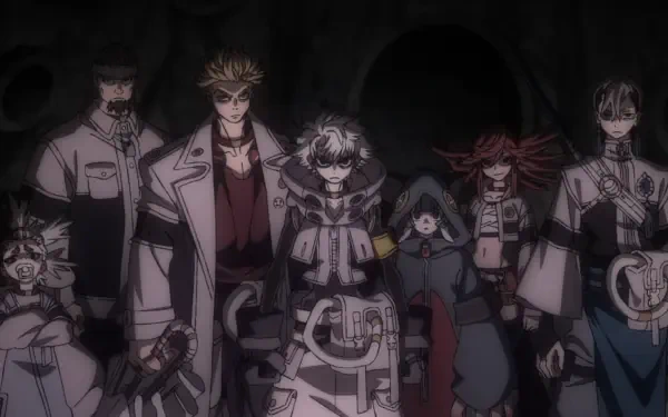 HD PC desktop wallpaper: anime Gachiakuta scene — seven stylized characters in dark coats and masks stand in a moody, shadowed setting with large circular voids behind them.