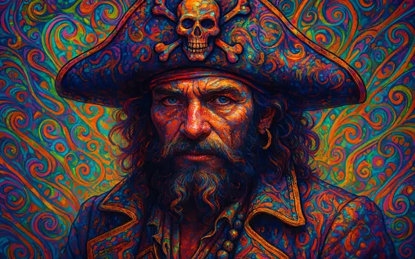 Vivid 4K Ultra HD PC desktop wallpaper of a weathered pirate captain with a skull-trimmed tricorne, ornate coat, and swirling psychedelic background.