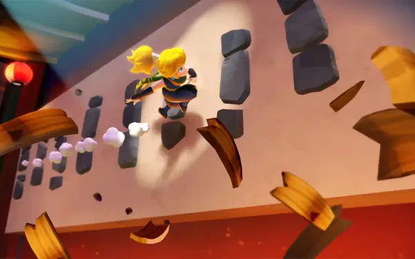 Princess Peach in a dynamic stage leap amid flying planks and stones — vibrant HD PC desktop wallpaper/background inspired by Princess Peach Showtime!