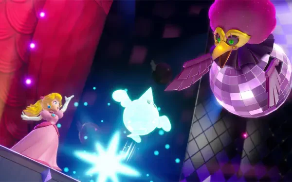 Princess Peach Showtime! HD PC desktop wallpaper: Princess Peach onstage reaches toward a glowing star spirit as a disco-masked, birdlike foe looms under purple spotlights.