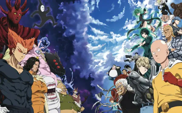 Anime One-Punch Man 4K Ultra HD PC desktop wallpaper and background: Saitama, Genos and heroes clash with villains beneath a dramatic, swirling split sky.