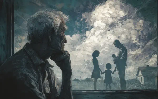 4K Ultra HD PC desktop wallpaper: contemplative old man in foreground gazing out at a silhouetted man and two children beneath dramatic, swirling clouds.