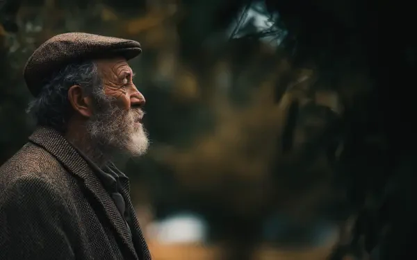Profile of an old bearded man in a cap and tweed coat against a soft, blurred outdoor backdrop — 4K Ultra HD PC desktop wallpaper and background.