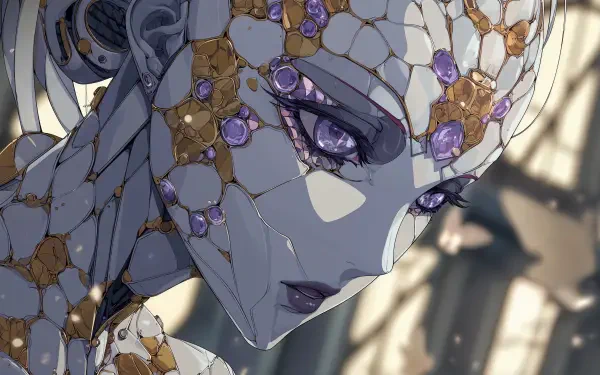 Sci‑Fi robot portrait with jeweled mechanical skin and glowing violet eyes, highly detailed close-up — 4K Ultra HD PC desktop wallpaper and background.