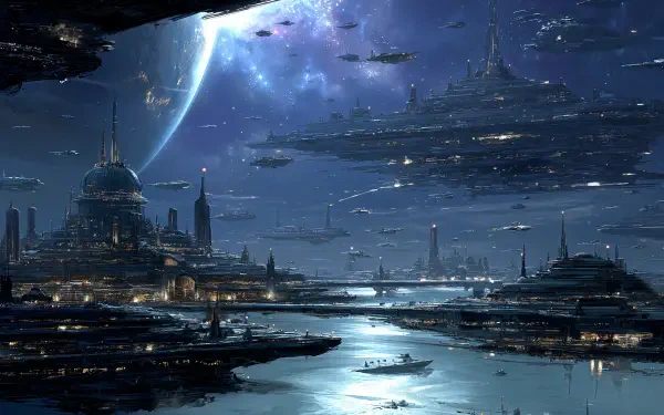 4K Ultra HD sci-fi city desktop wallpaper — sprawling futuristic metropolis with illuminated towers, hovering ships, and a distant ringed planet reflected on glassy waterways.