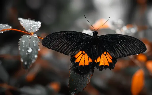 Black and orange butterfly perched on dew-speckled leaves, high-contrast nature scene — 4K Ultra HD PC desktop wallpaper and background.