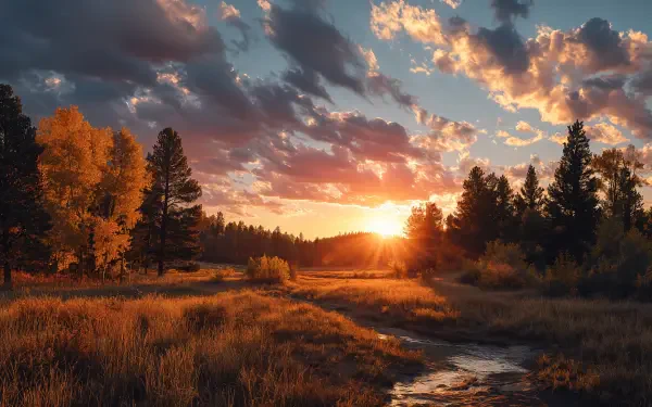 4K Ultra HD PC desktop wallpaper: fall sunset over a meadow and stream, golden trees and pine silhouettes beneath dramatic, glowing clouds.