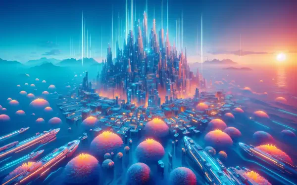 4K Ultra HD PC desktop wallpaper and background: neon futuristic city rising on an island, glowing domes and sleek ships approaching through a vibrant cyan-orange sky.