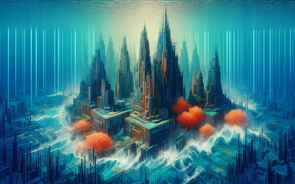 4K Ultra HD PC desktop wallpaper and background depicting a neon-lit futuristic city rising from misty waves, with glowing spires, vertical light beams and orange treetops.