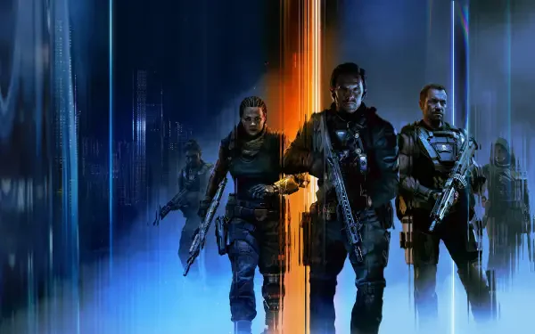Call of Duty: Black Ops 7 4K Ultra HD PC desktop wallpaper: three armed covert operators in tactical gear stride through vertical blue and orange light columns.