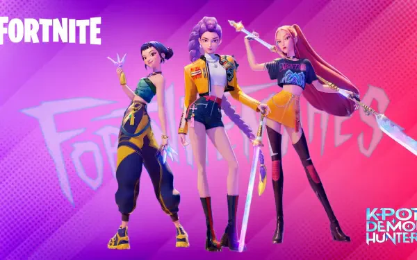 Fortnite Battle Royale 4K Ultra HD PC desktop wallpaper: three stylized female characters posing with glowing blades against a neon pink–purple gradient, K-Pop Demon Hunter logo at the corner.