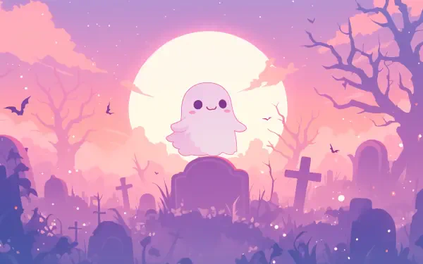 Cute ghost in a pastel, aesthetic anime graveyard at sunset — AI art 2K Quad HD PC desktop wallpaper/background.