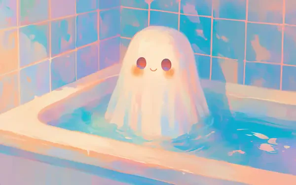 Cute ghost in a pastel-tiled bathtub, aesthetic anime–style AI art with soft colors; Halloween-themed 2K Quad HD PC desktop wallpaper/background.