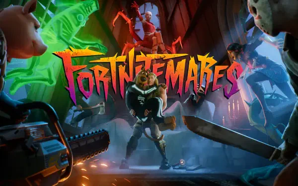 Fortnitemares logo crowns a sinister, armored hunter surrounded by chainsaws, blades and monsters in a dim corridor — Fortnite Battle Royale 4K Ultra HD PC desktop wallpaper.