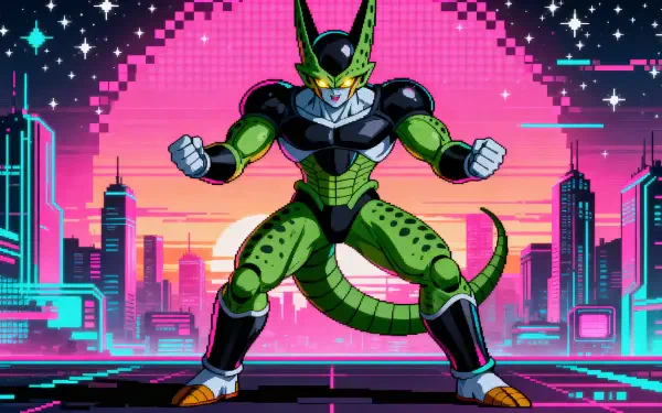 Cell (Dragon Ball) poised with clenched fists against a neon, pixelated sunset and retro-futuristic skyline — 4K Ultra HD PC desktop wallpaper/background.