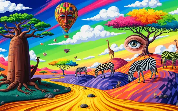 Surreal, colorful Africa landscape with baobab, zebras, giraffe, floating mask hot-air balloon and a tree with an eye — 4K Ultra HD PC desktop wallpaper and background