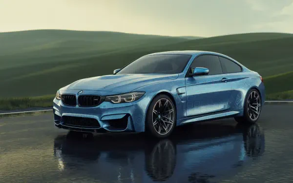 Blue BMW M4 on a glossy wet road at dusk with rolling hills reflected in the surface — 4K Ultra HD PC desktop wallpaper and background