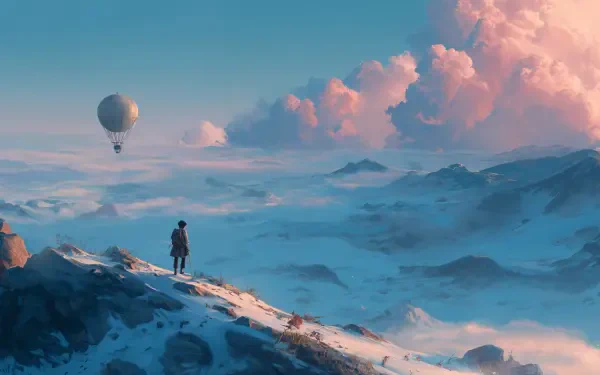 Fantasy wanderlust 4K Ultra HD PC desktop wallpaper: lone traveler on a snowy ridge gazes over a misty, cloud-filled valley with a distant hot-air balloon and pastel sunset skies.