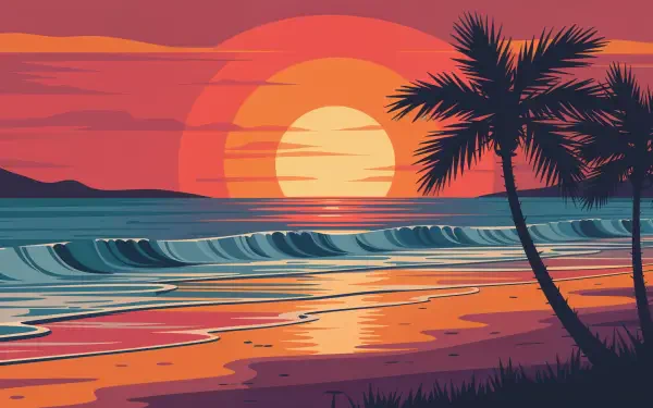 4K Ultra HD PC desktop wallpaper: stylized beach sunset with a large sun dipping behind distant hills, rolling turquoise waves, reflective wet sand and silhouetted palm trees.
