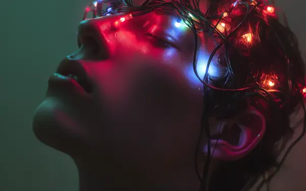 4K Ultra HD PC Desktop Wallpaper and Background — a wet face tilted up, colorful LEDs and wires mapped across the head, evoking a mind upload and cybernetic consciousness.