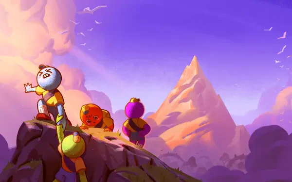 4K Ultra HD PC desktop wallpaper: stylized video game scene from Peak with colorful characters on a rocky ledge, gazing toward a glowing mountain peak beneath a purple, bird-filled sky.